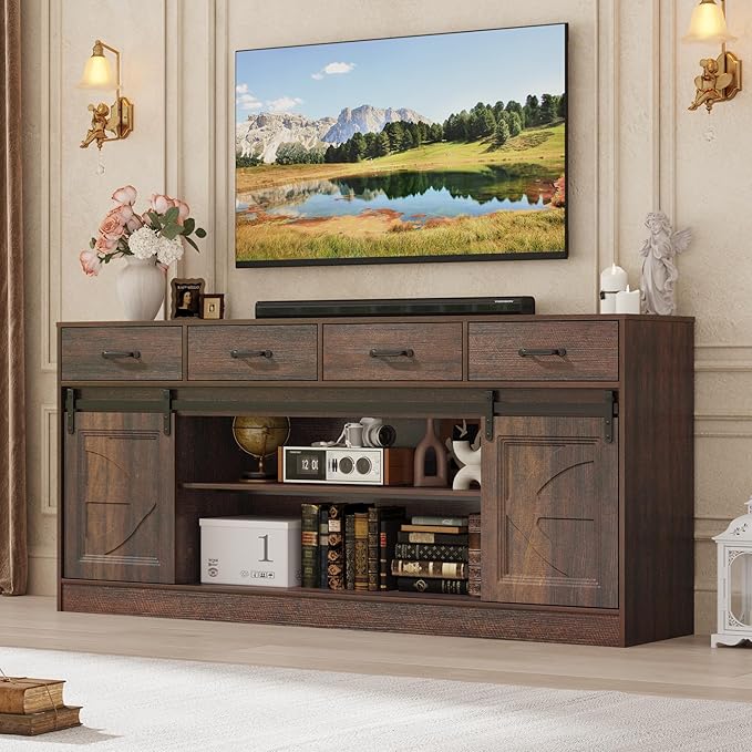 St.Mandyu 70" Large Farmhouse TV Stand for 85/80/75/70 Inch TVs w/4 Drawers,Rustic Tall Media Console w/Sliding Barn Door, Adjustable Shelves,Tall Entertainment Center for Living Room,Brown