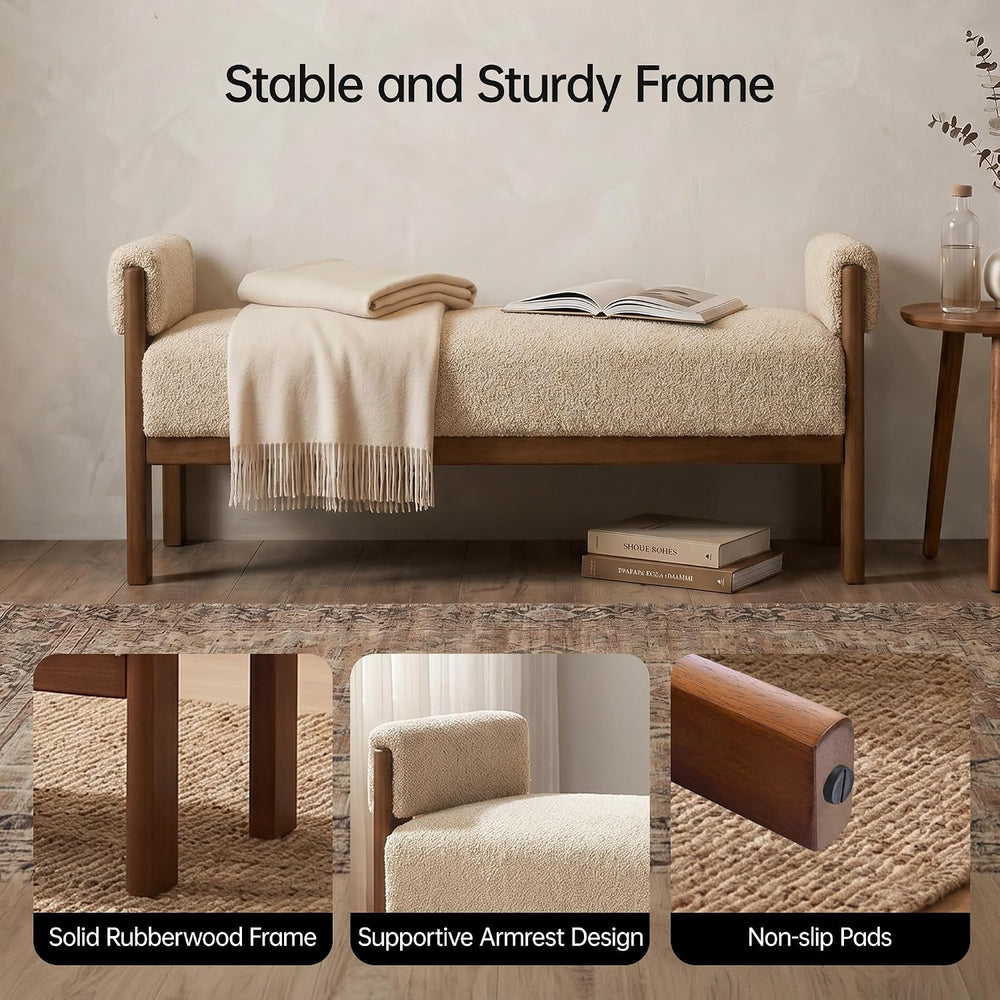 VKNOW 51.8”End of Bed Bench Upholstered Bedroom Bench with Arms, Brown | Soli...