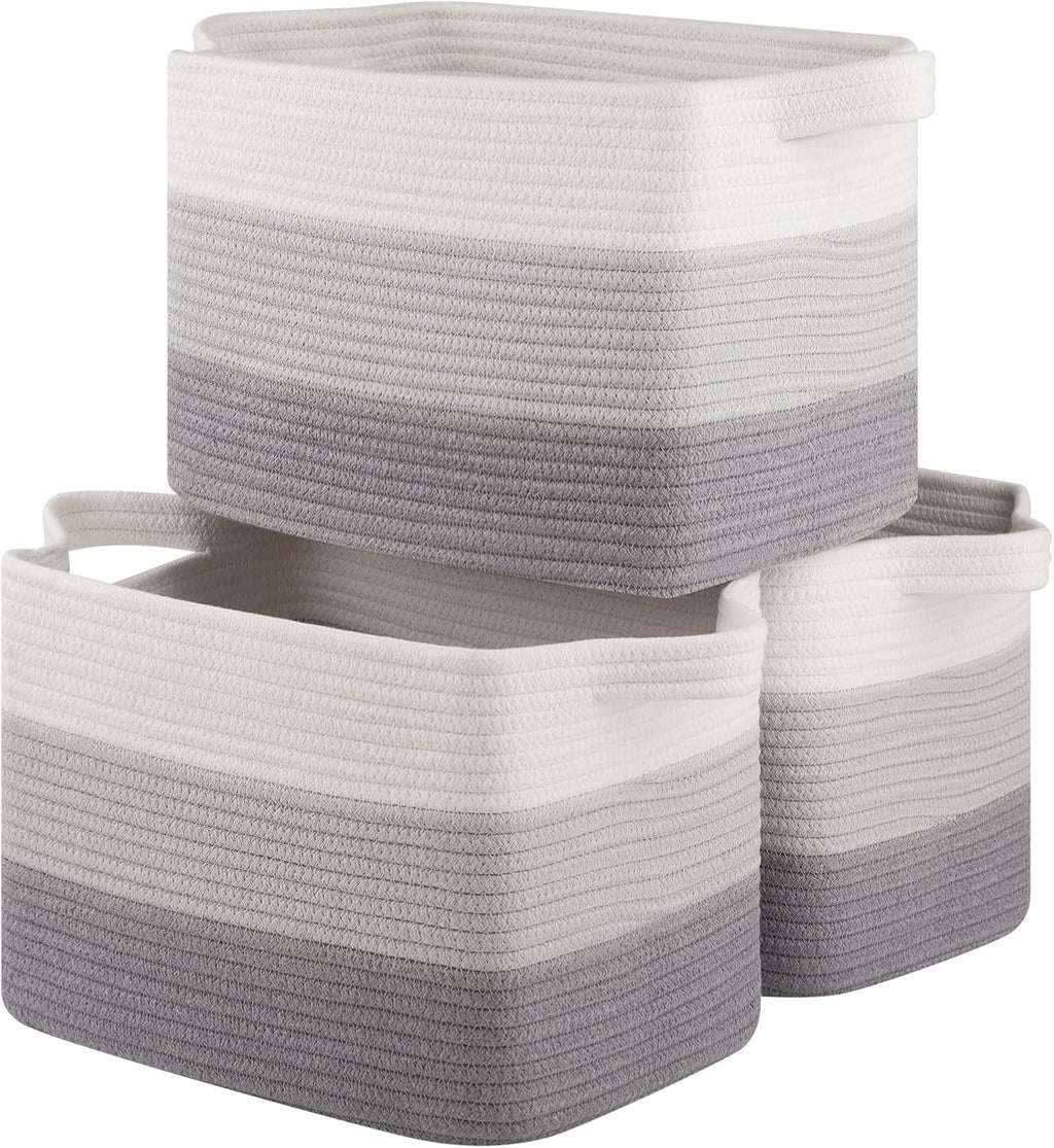 Storage Baskets for Organizing, Woven Baskets for Shelves, Rectangle Decorative Organizer for Storage Clothes, Toy, Books, Towels Nursery Bins 3 Pack (Gradient Grey, 14.17"x9.85"x9.45")