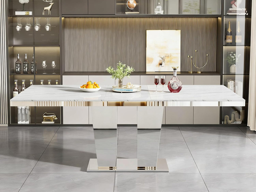 94.5" Faux Marble Dining Table Set for 10, Modern White Extendable Kitch...