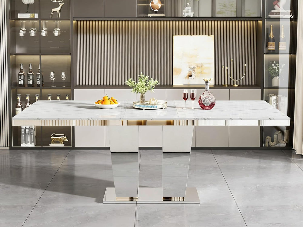 94.5“ Rectangular Dining Table for 6 8 10, Modern White Extendable Kitchen Ta...