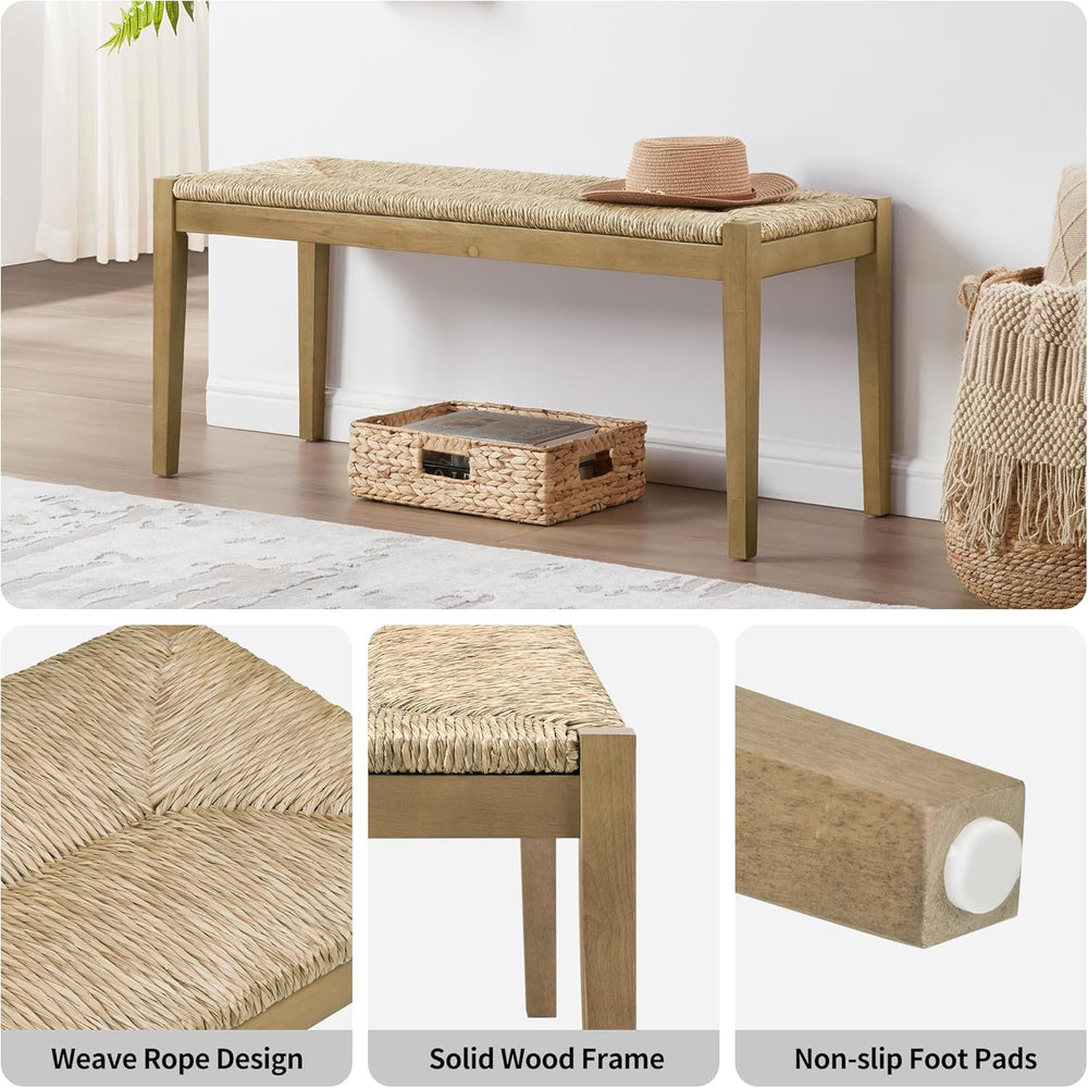 DUHOME Solid Wood Seagrass Bench with Natural Woven Seat, Boho Bench Entryway...