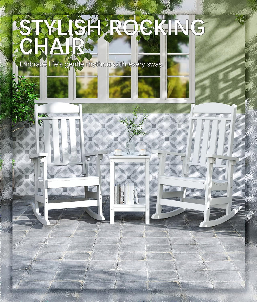FOOWIN 3-Piece Outdoor Rocking Chairs Set, High Back Patio Rocker with Side T...