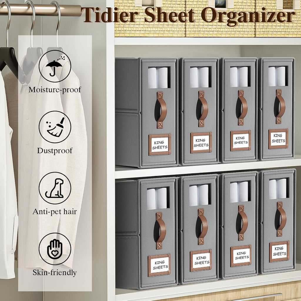 4 Pack Foldable Bed Sheets Set Organizers and Storage(King & Queen Size),Linen Fabric Closet Organizers with Window,Folding Bedding Storage Box for Bedsheets and Pillow Cube Organizer-Gray