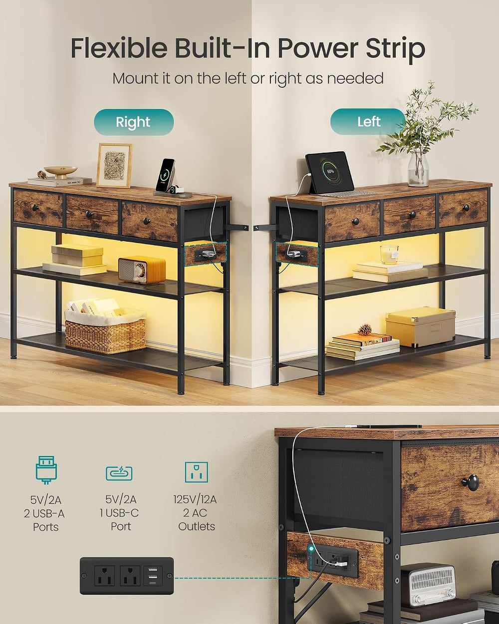SONGMICS Console Table with Charging Station, Narrow Sofa Table with LED Ligh...
