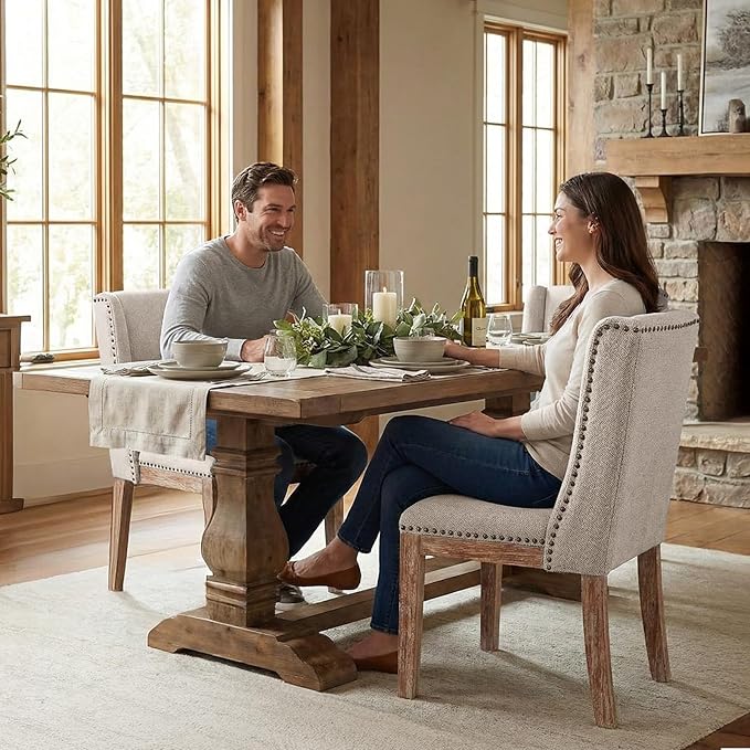 Dining Chair Set of 2, Fabric Upholstered Kitchen Side Chairs with Wooden Legs for Kitchen & Restaurant Use, Beige