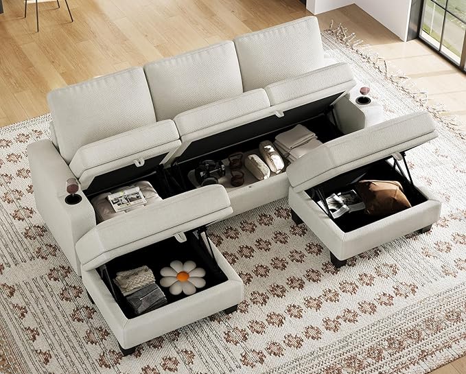 Belffin Small Corner Modular Sectional Couches for Living Room U Shaped Couch with Cup Holder White Couch