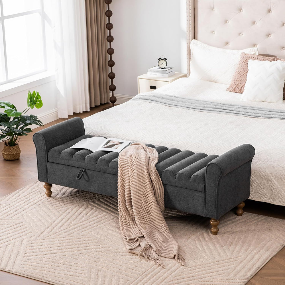 65" Bench with Storage, End of Bed Bench with Rolled Arms, Upholstered B...