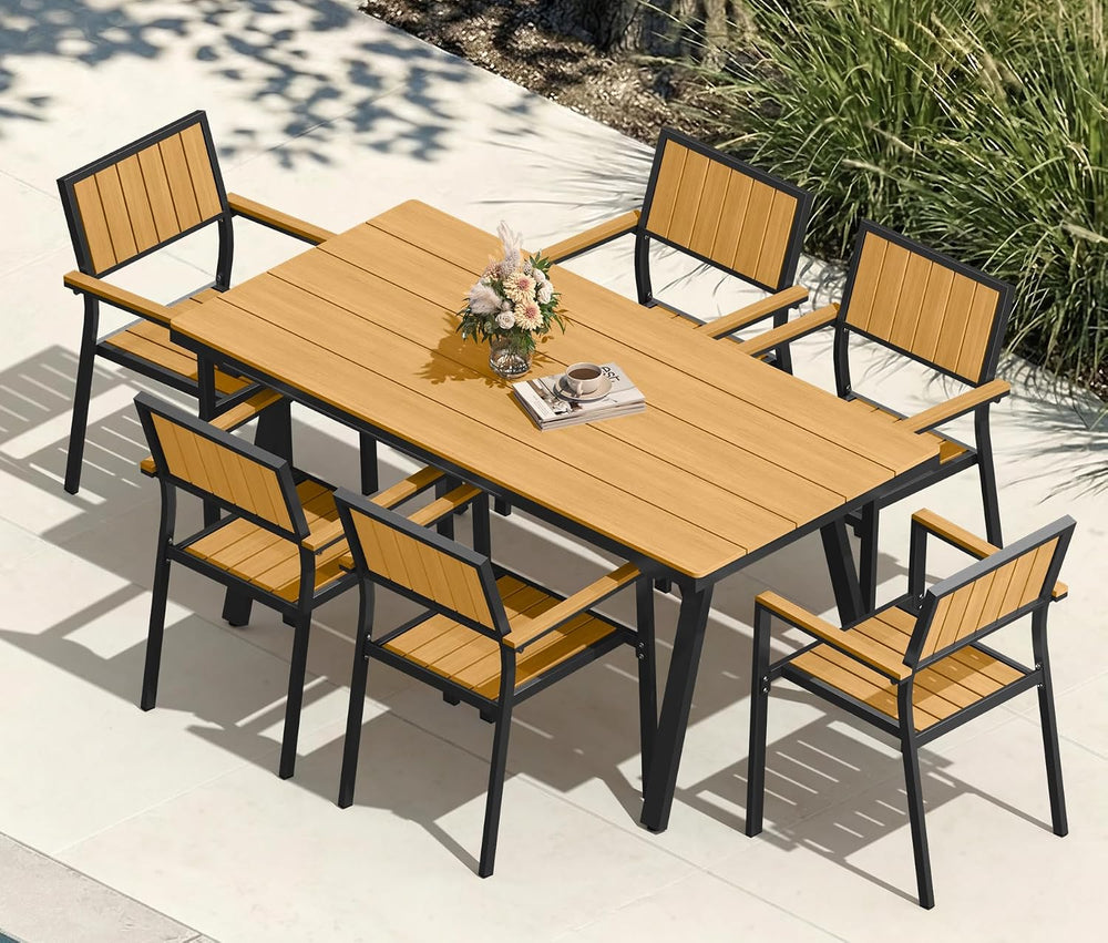 Aluminum Outdoor Dining Set of 6, Patio Table and Stackable Chairs, Teak