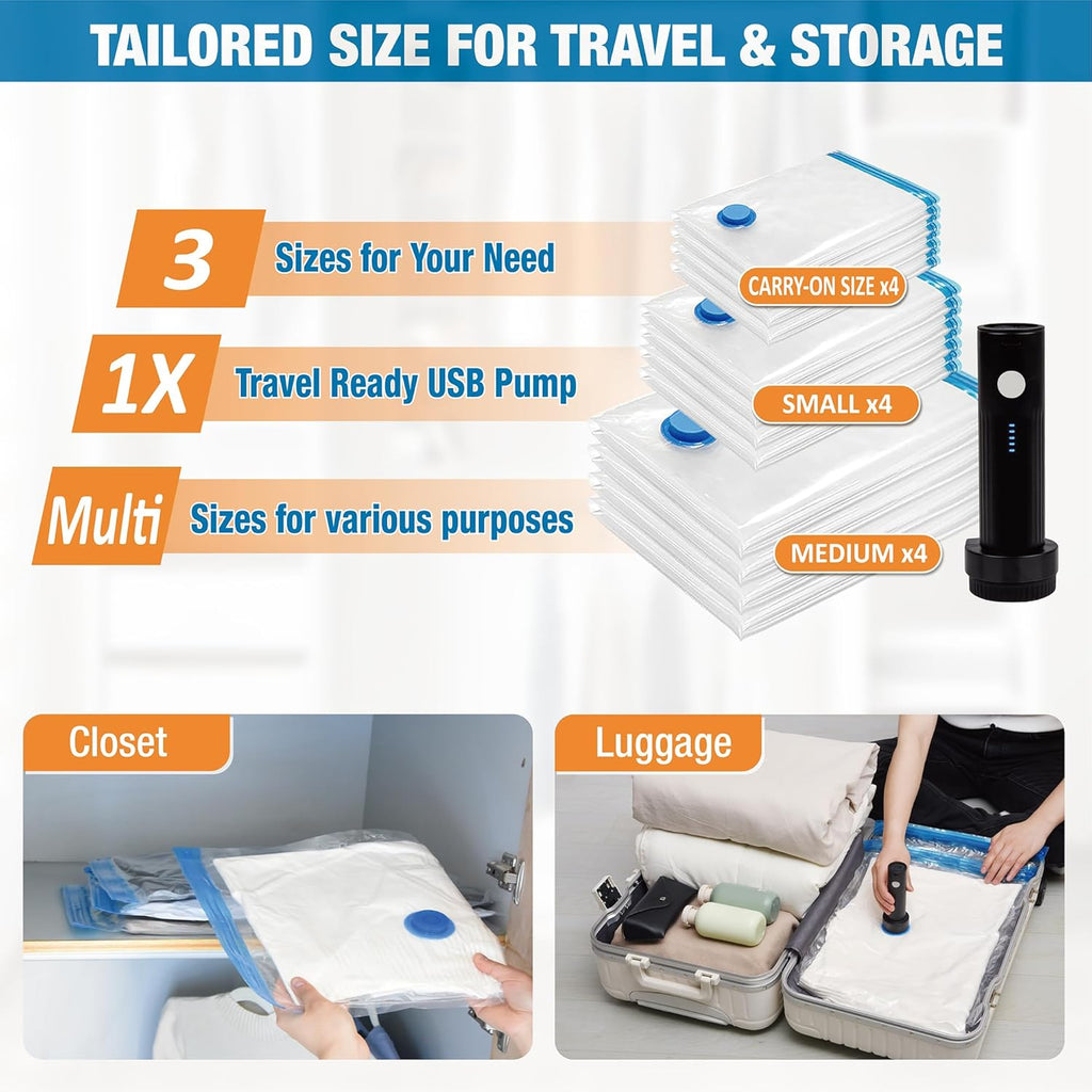 12 Pack Travel Vacuum Storage Bags with Rechargeable Wireless Electric Pump, Travel Packing Bags for Luggage and Suitcase, Carry-on Size Compression Space Saver for Clothes and Clothing