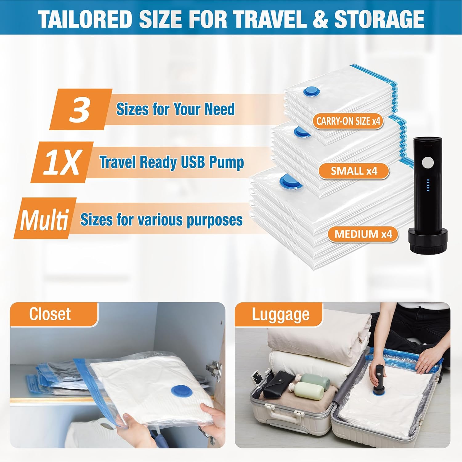 12 Pack Travel Vacuum Storage Bags with Rechargeable Wireless Electric Pump, Travel Packing Bags for Luggage and Suitcase, Carry-on Size Compression Space Saver for Clothes and Clothing