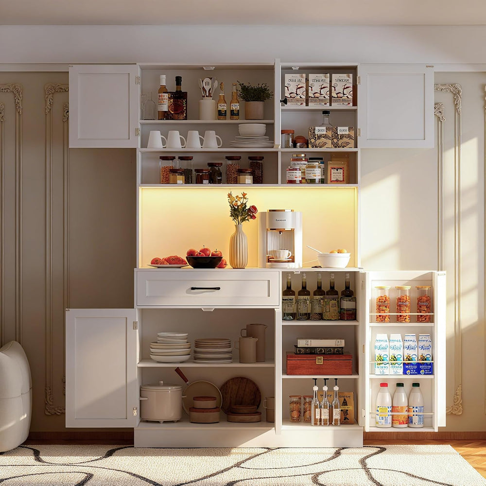 FJTJBSI 72" Kitchen Pantry Cabinet with LED Light and Charging Station T...