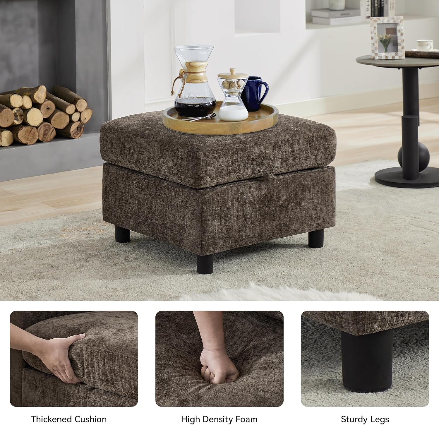 WUTUTUEE 25'' Square Storage Ottoman Module for Modular Sectional Sofa, Living Room Coffee Table Sectional Ottoman Footrest for Convertible Couch, Chenille Brown