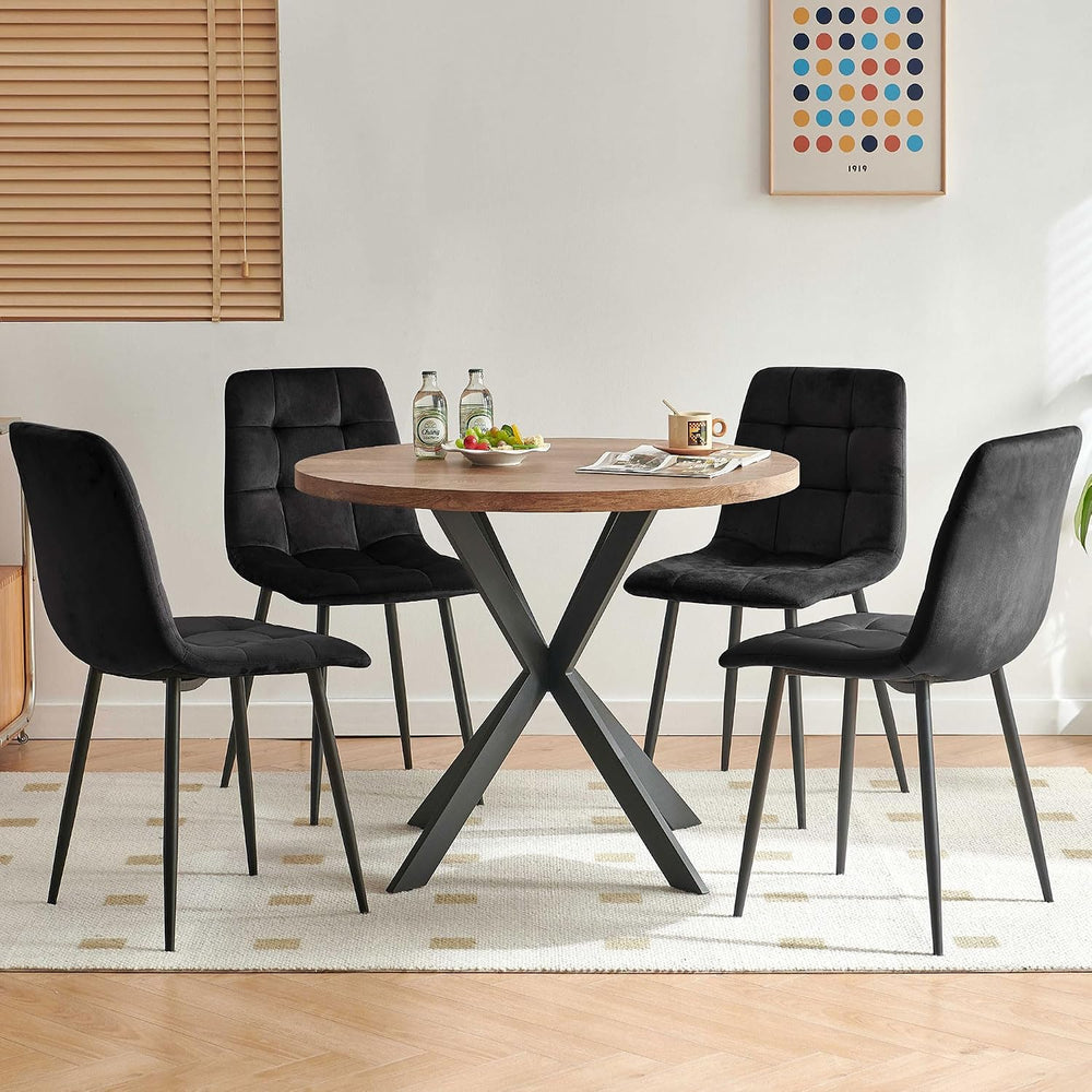 5-Piece Round Dining Table Set - Kitchen Table Chairs Set of 4 with Black Vel...