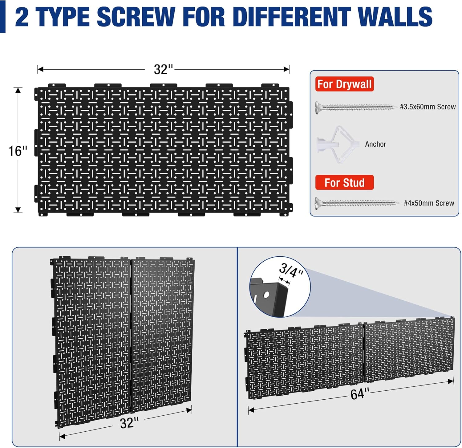 WORKPRO Metal Pegboard 16”x 32” Steel Panel with Round Holes & Vertical Slots, Black Heavy Duty Garage Peg Board Wall Pegboard Organizer for Wood Working Work Shop, Craft Room, 2 Pack
