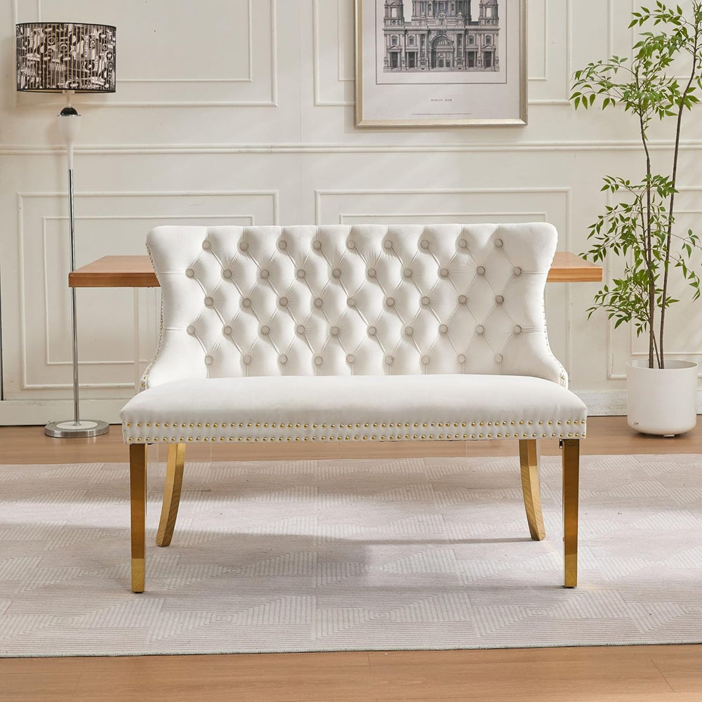 Velvet Double Upholstered Dining Bench with Wing Back, Small Loveseat Sofa Co...