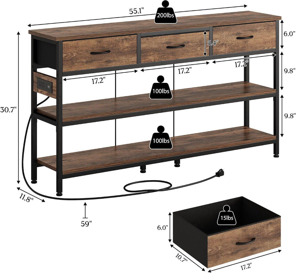 Lulive Entryway Table with Outlets, 3 Fabric Drawers, 55 in Console Table | 5...