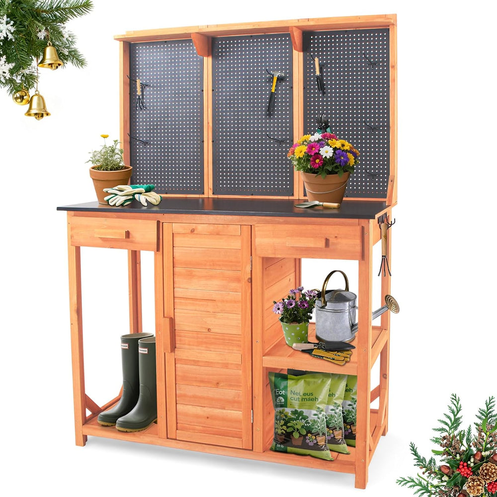 Outdoor Potting Bench,Wooden Potting Table with Metal Tabletop,Garden Work Be...
