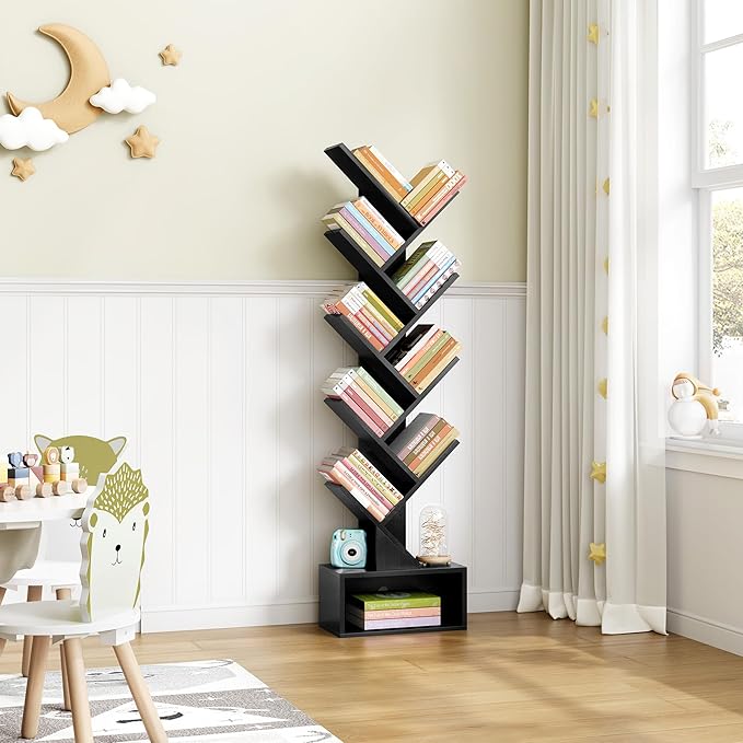 Hoctieon 9 Tier Tree Bookshelf, Tall Bookcase with Drawer, Wood Book Shelf, M...