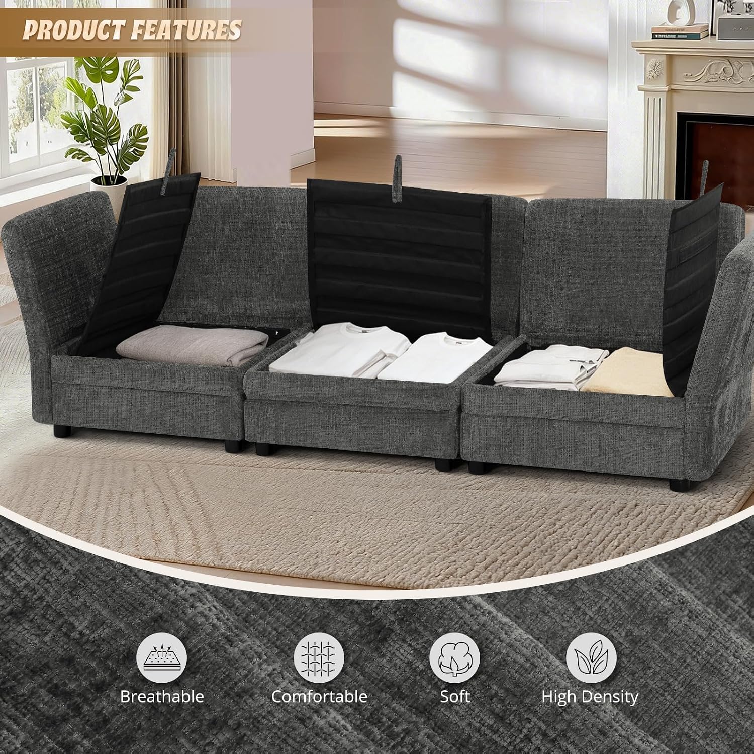 86” 4-Seater Chenille Modular Couch w/Adjustable Backrest, Grey | Upholstered L-Shape Sectional Sofa with Removable Ottoman, Convertible Sleeper Sofa with Storage Seats for Living Room