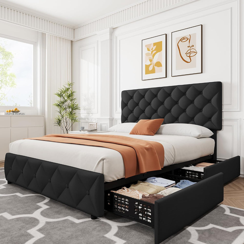 Queen Size Bed Frame with 4 Storage Drawers, Linen Upholstered Platform Bed F...