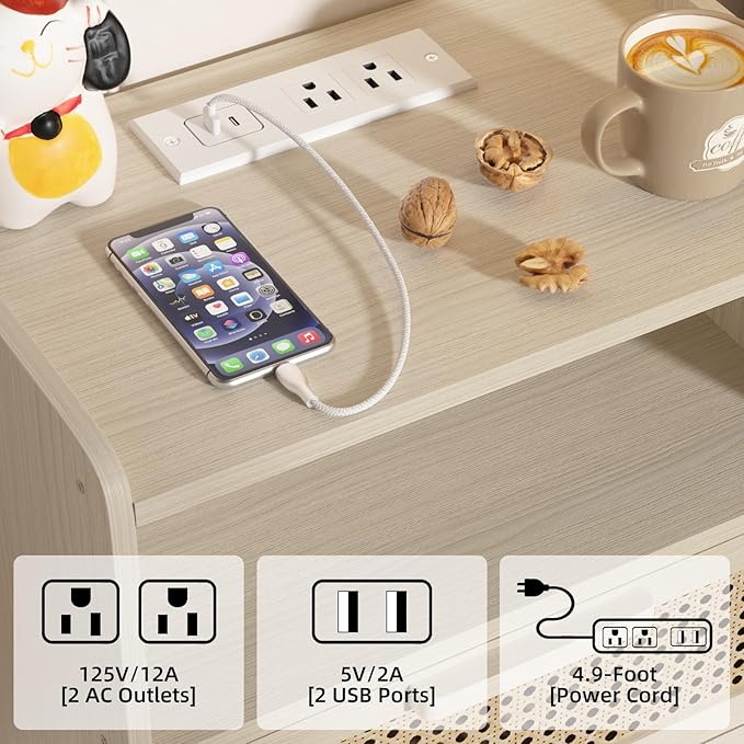 Lerliuo Rattan Nightstands Set of 2 with Charging Station, Side Table with Dr...