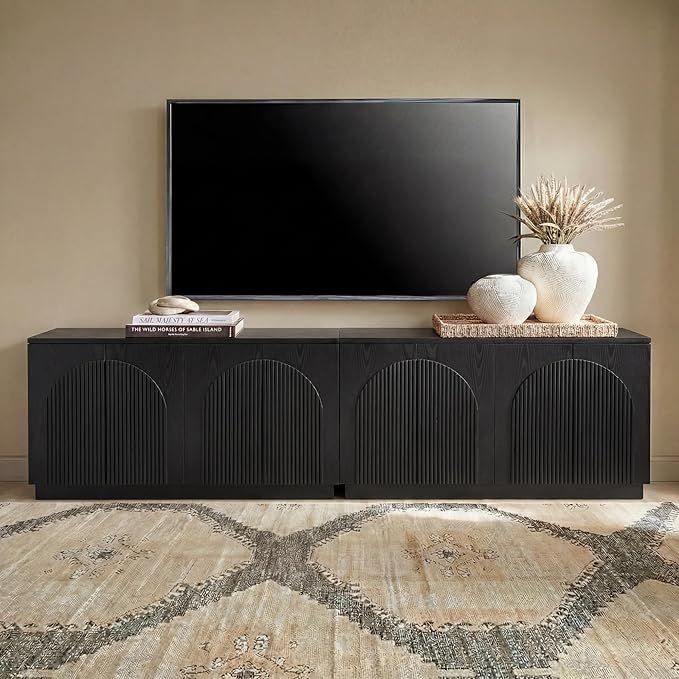 Yechen Fluted Black TV Stand with Arched Reeded Design Doors, Modern Entertainment Center with Storage for Up to 98", TV Media Console, TV Cabinet for Living Room, Bedroom(2 PCS)