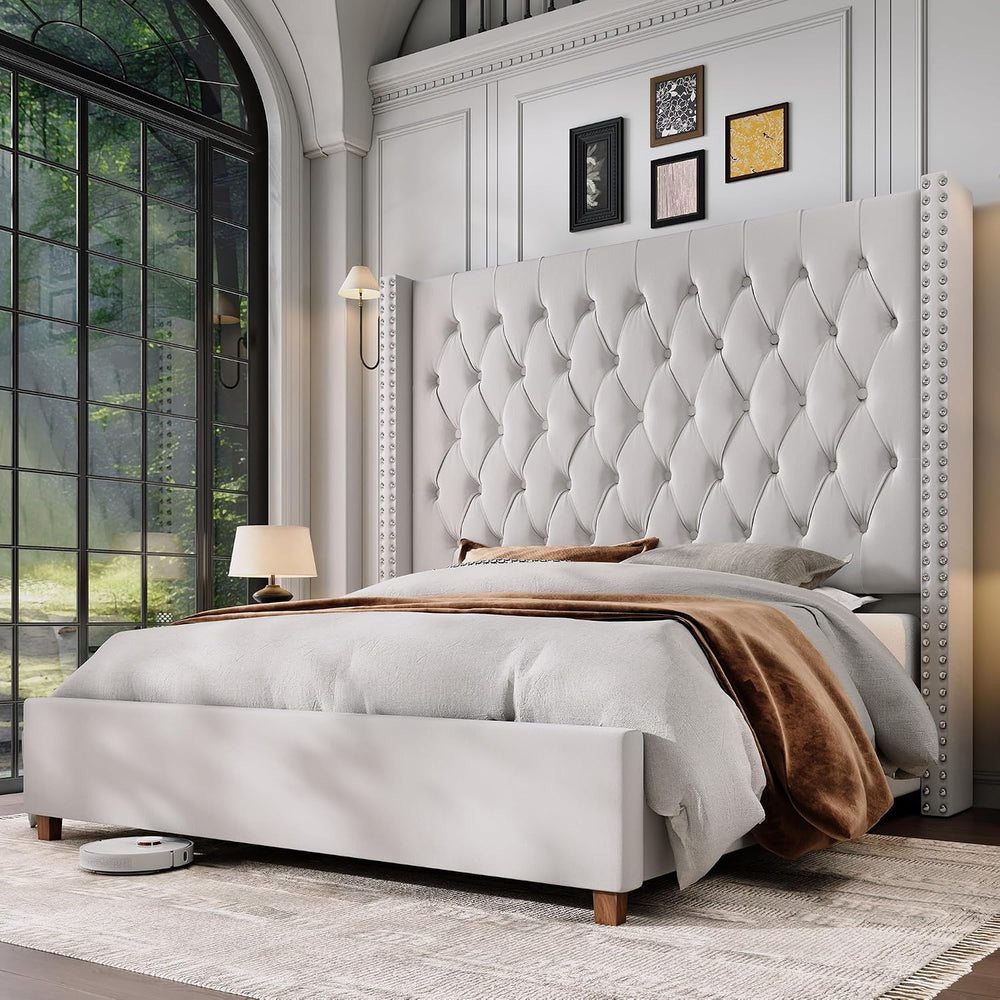 Jocisland Queen Bed Frame 61.4" Tall Headboard Velvet upholstered,Cream