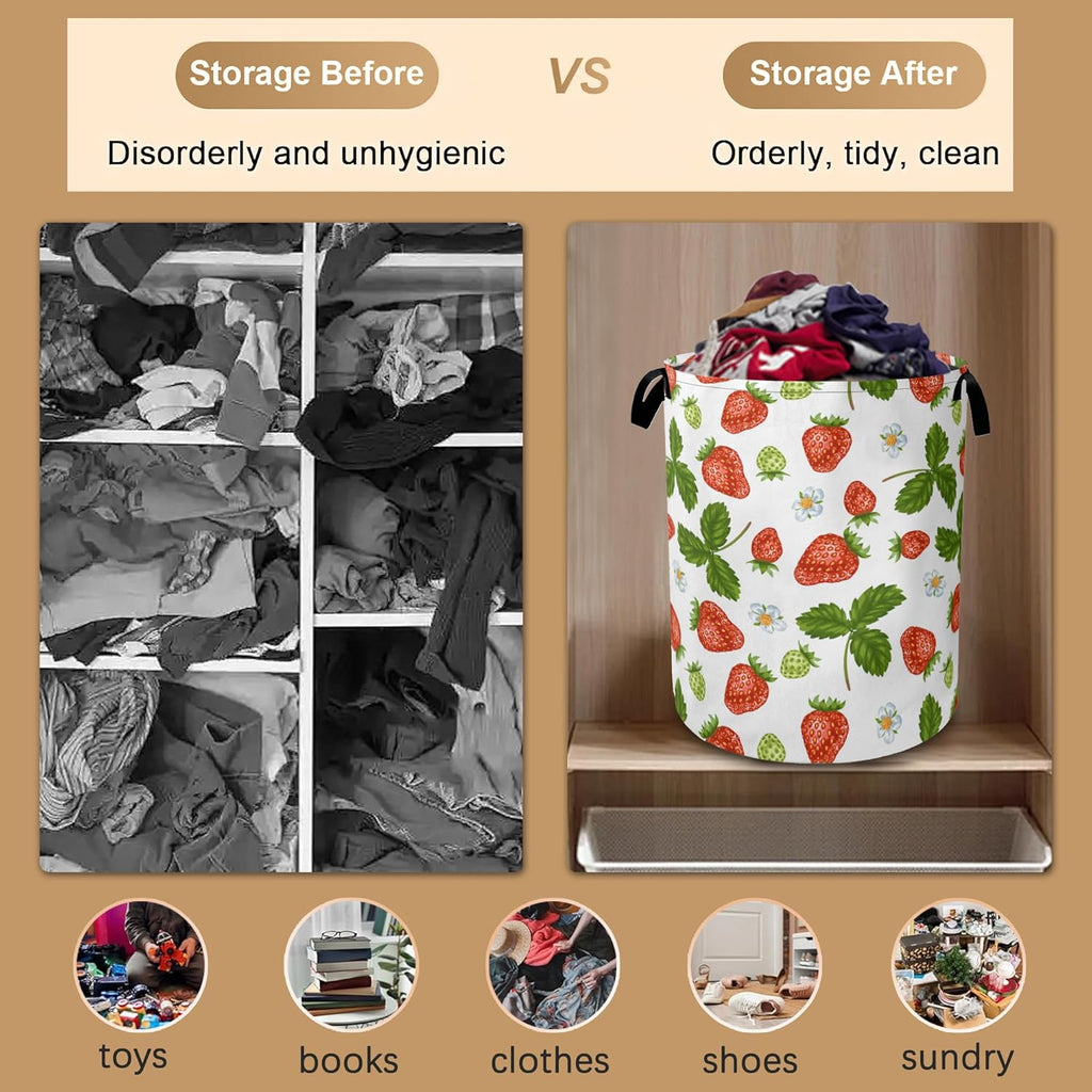 Strawberry Laundry Hamper,Collapsible Laundry Baskets,Flowers Leaf Dirty Clothes Baskets with Handles,Oxford Cloth Hamper for Bedroom,Bathroom,College Dorms, 16"x20"