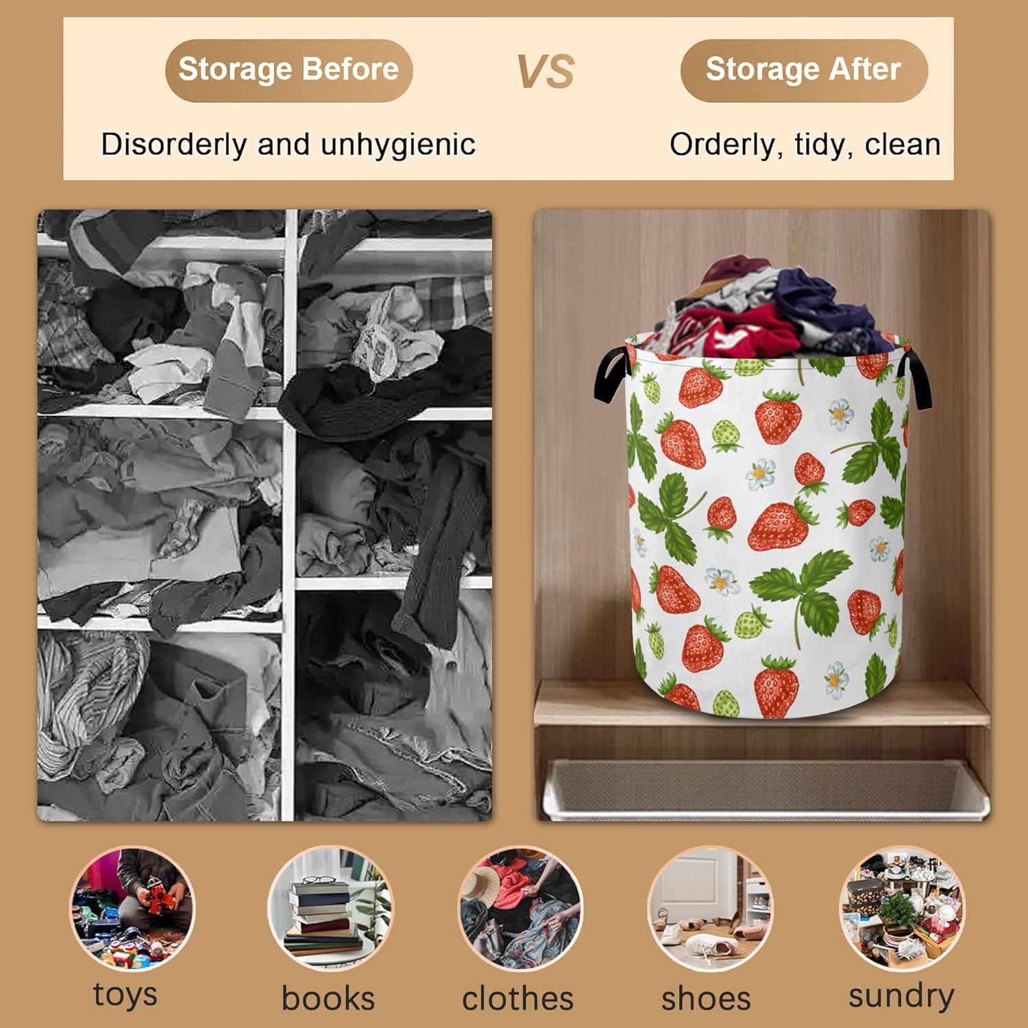 Strawberry Laundry Hamper,Collapsible Laundry Baskets,Flowers Leaf Dirty Clothes Baskets with Handles,Oxford Cloth Hamper for Bedroom,Bathroom,College Dorms, 16"x20"