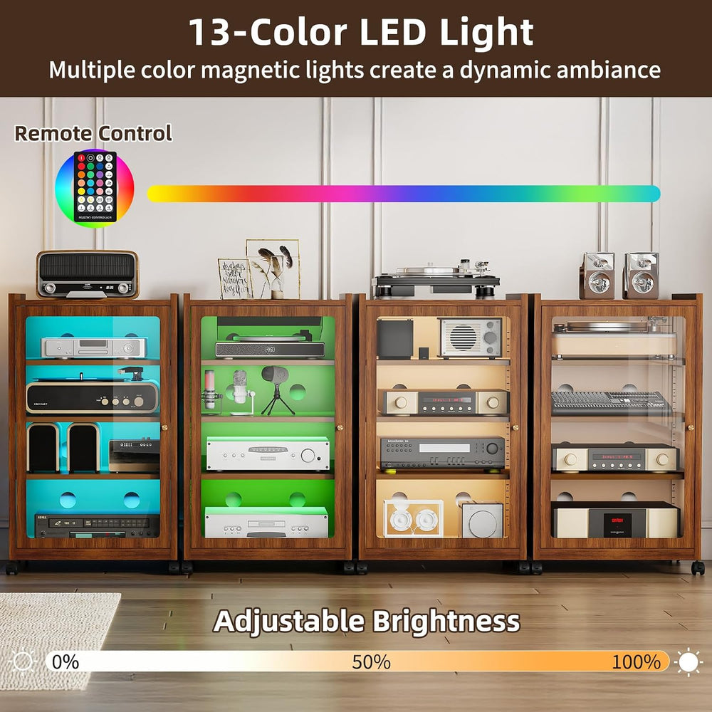 Media Cabinet with LED Lights and Glass Door, Metal Stereo Cabinet Brown
