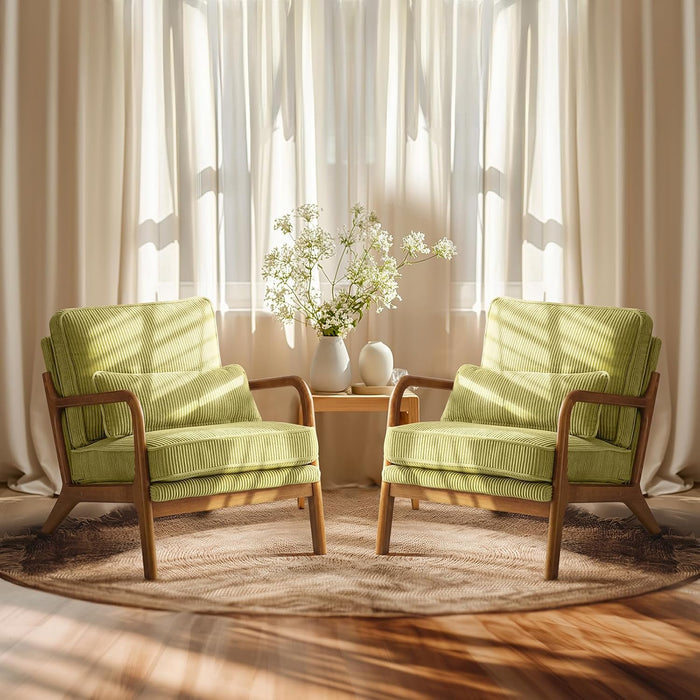 VINGLI Upgraded Premium Corduroy Accent Chairs Set of 2,Upholstered Arm Chair,Solid Wood Comfy Reading Chair with Pillow, Mid Century Modern Chairs for Living Room,Bedroom,Green