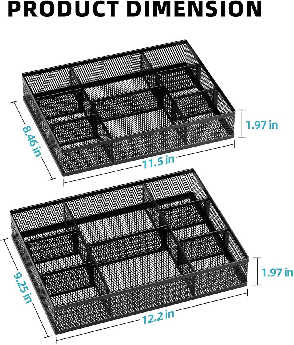 Marbrasse 2 Pack Desk Drawer Organizer, Mesh Drawer Organizer Tray with 8 Adjustable Compartments, Desk Organizers and Accessories, 5 Dividers Drawer for Office Supplies, Makeup & Vanity (Black)