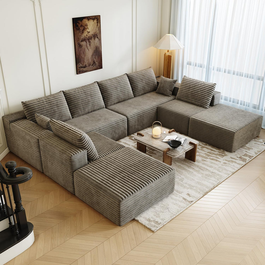 139.4" Modular Sectional Sofa Couch, Oversized U-Shaped Minimalist Couches with 2 Ottomans Chaise and 2 Middle Seats, Modern Deep Seat Cloud Plush Corduroy Sofas Set for Living Room, 8 Seater, Camel