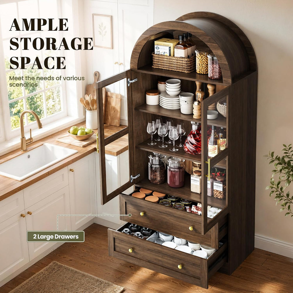 71" Tall Arched Kitchen Pantry Cabinet, Modern Farmhouse Kitchen Storage...