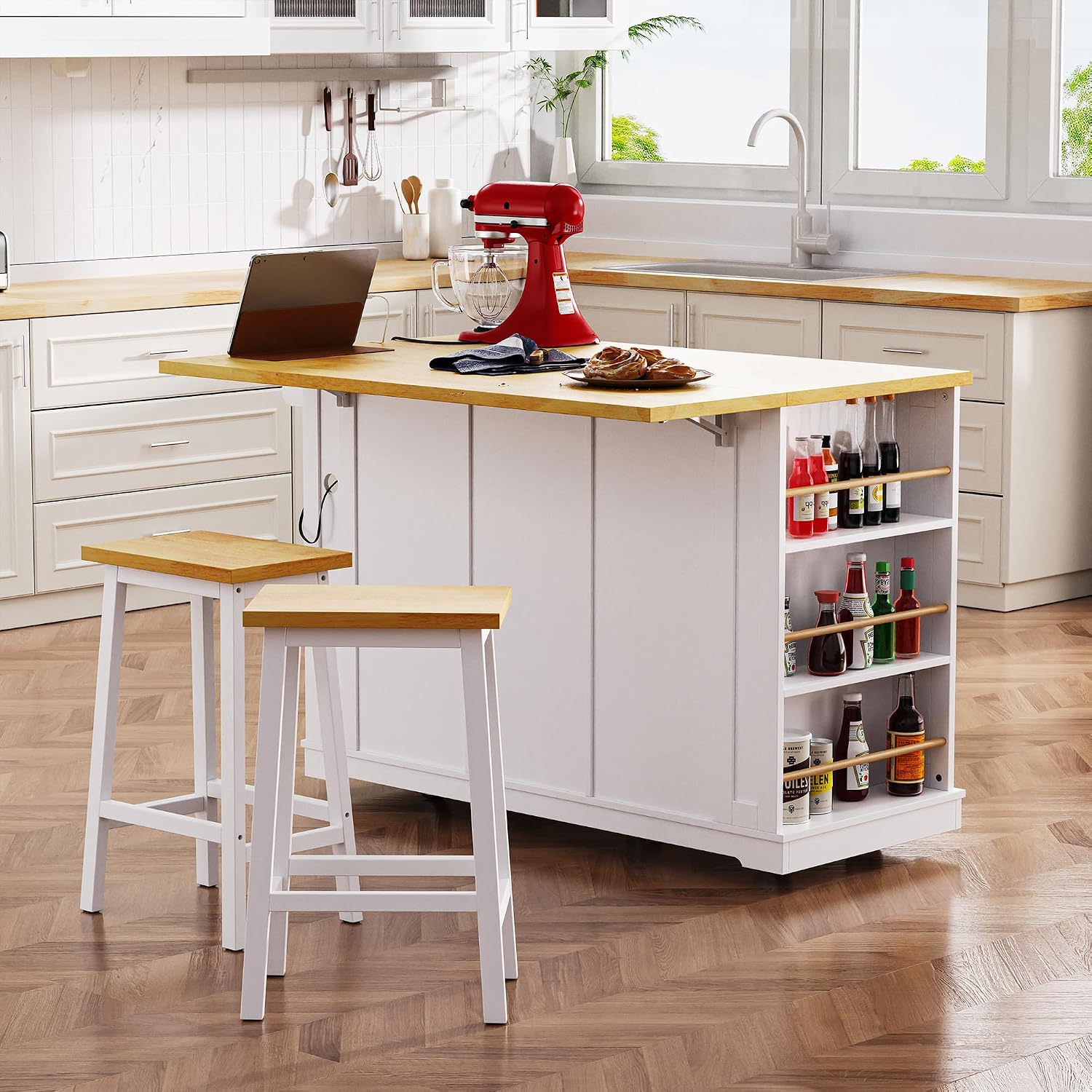 Rolling Kitchen Island with Drop Leaf & Power Outlet, Large Kitchen Islands Cart on Wheels, Movable Kitchen Island with 5 Open Storage Shelves & Towel Rack for Kitchen, Dining Room, 53-Inch, White