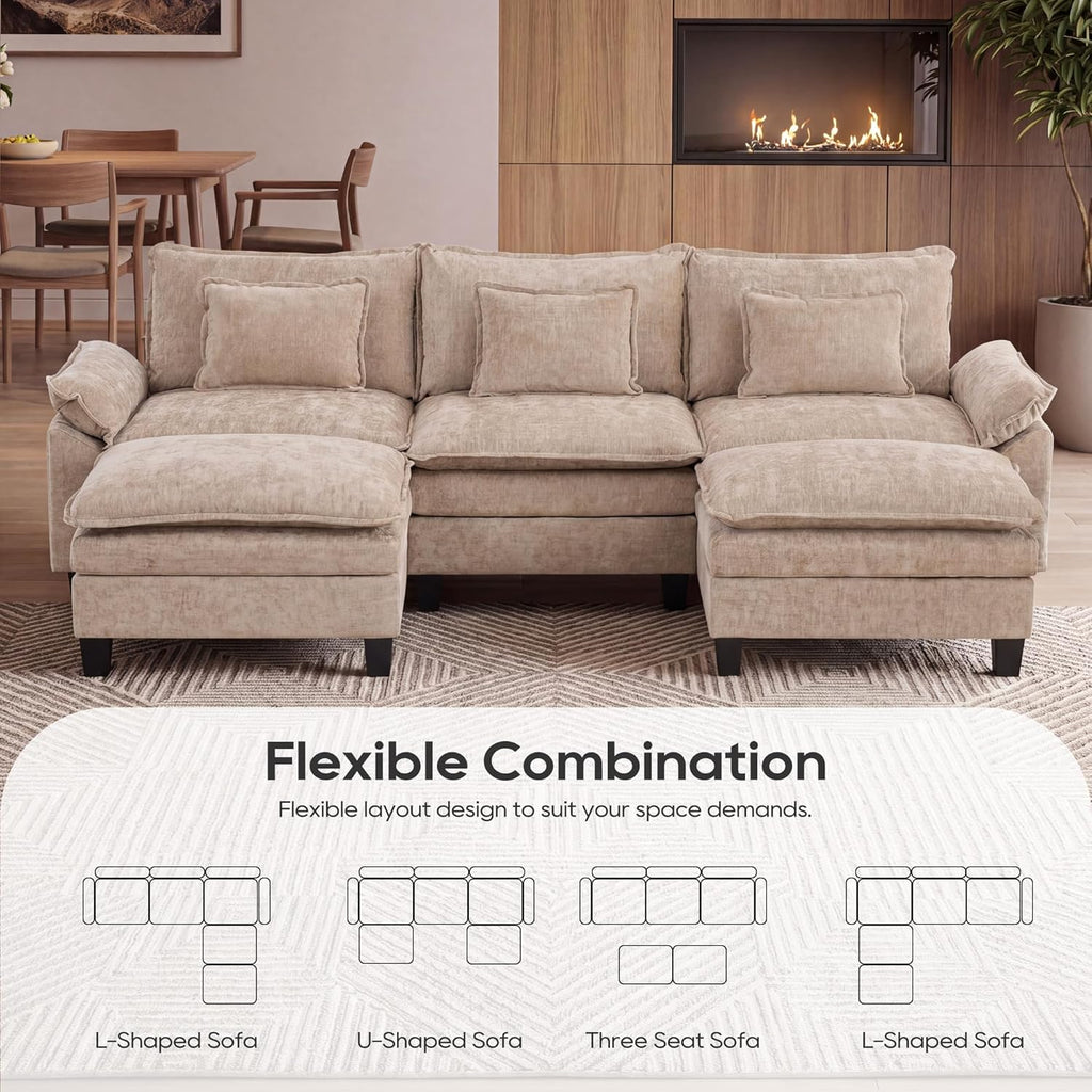 URRED Oversized Modular Sectional Sofa，Khaki：122" U Shaped | Modern Comfy Cloud Couch with Movable Ottoman and Pillow, Deep Seat Couches for Living Room, Bedroom or Apartment
