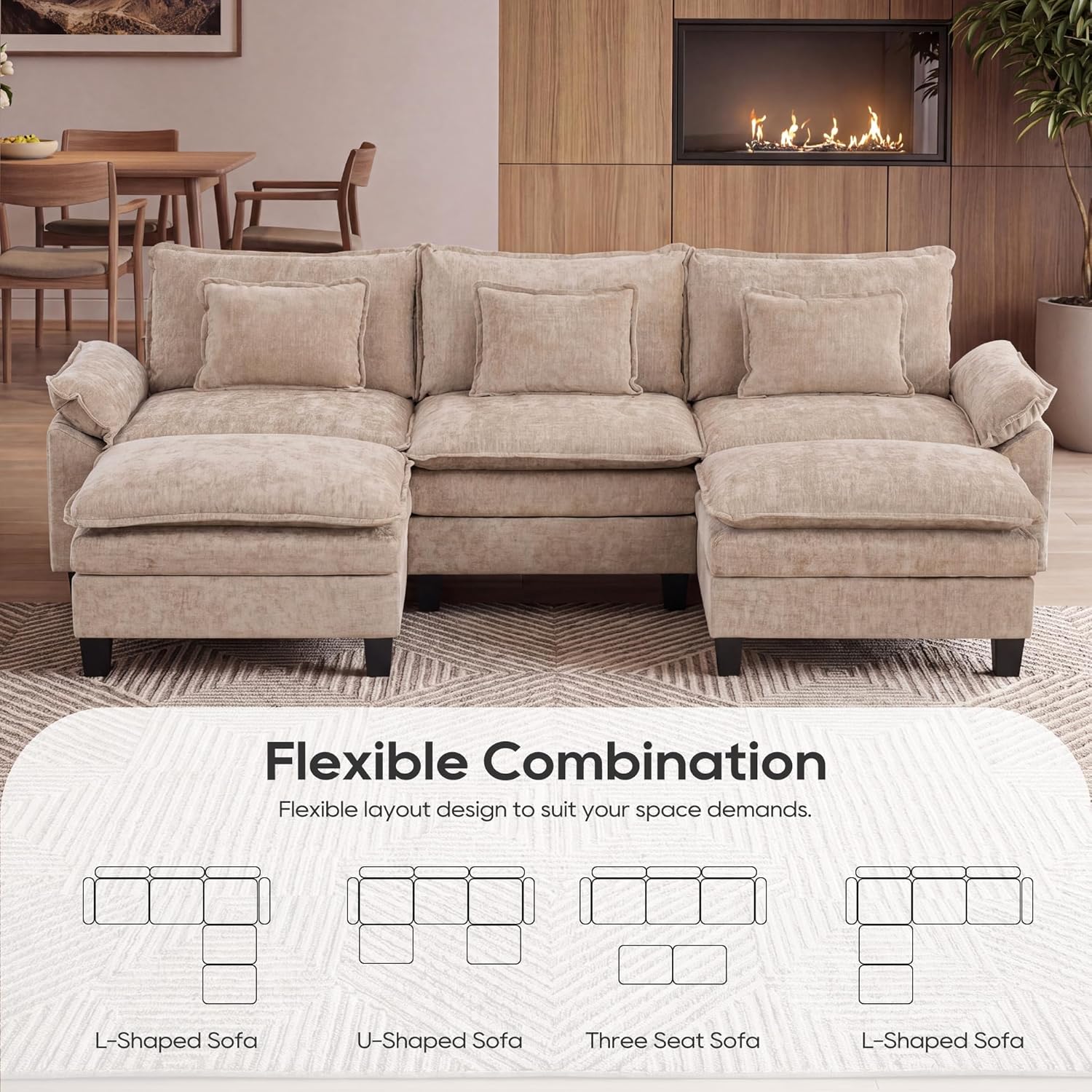 URRED Oversized Modular Sectional Sofa，Khaki：122" U Shaped | Modern Comfy Cloud Couch with Movable Ottoman and Pillow, Deep Seat Couches for Living Room, Bedroom or Apartment