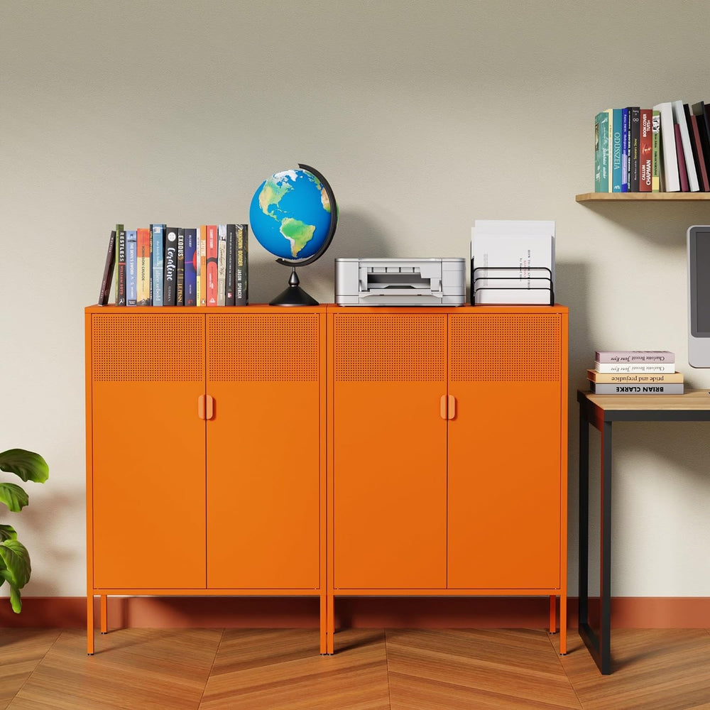 Orange 3 Tier Metal Storage Cabinet with Legs, 2 Door Metal Locker Style Acce...