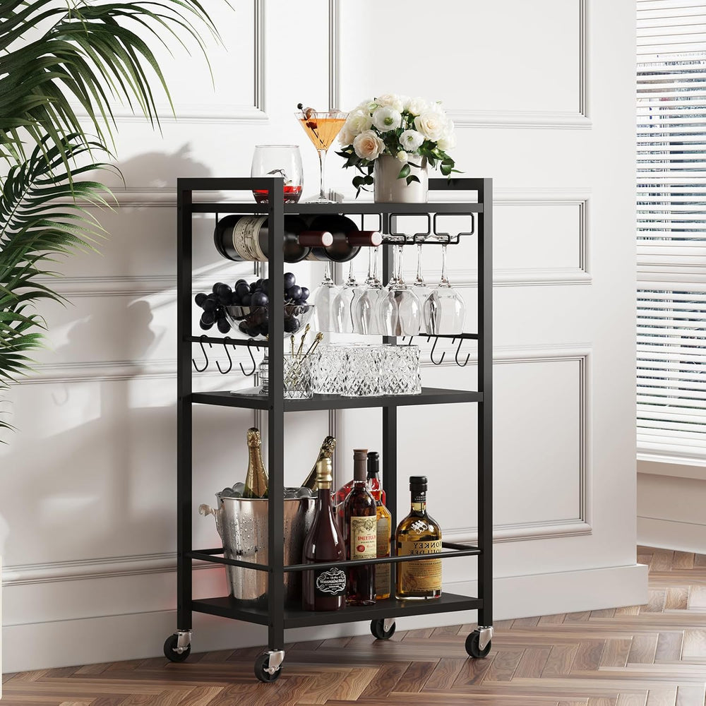 TUTOTAK Bar Cart with Wheels, Mini Drink Cart with Wine Rack & Glass Hold...