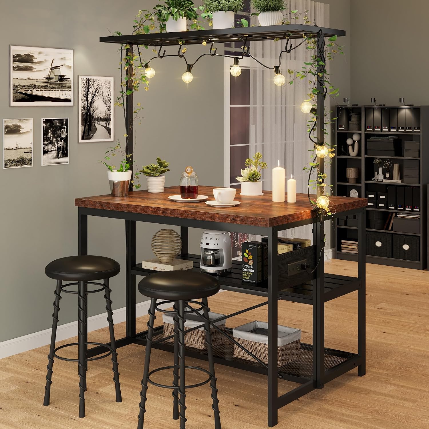 Industrial Kitchen Island with Storage & Power Outlet – 3-Tier Bakers Rack Coffee Bar Station, Heavy Duty Steel Frame, Spacious Prep Table with Shelves & 5 Hooks for Small Spaces, Dining, Living Room