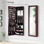 COSTWAY Full Length Mirror Jewelry Cabinet, Wall Door Mounted Jewelry Organizer with Makeup Mirror, Ring Slots and Necklace Hooks, Large Storage Jewelry Armoire for Bedroom, Dressing Room (Brown)