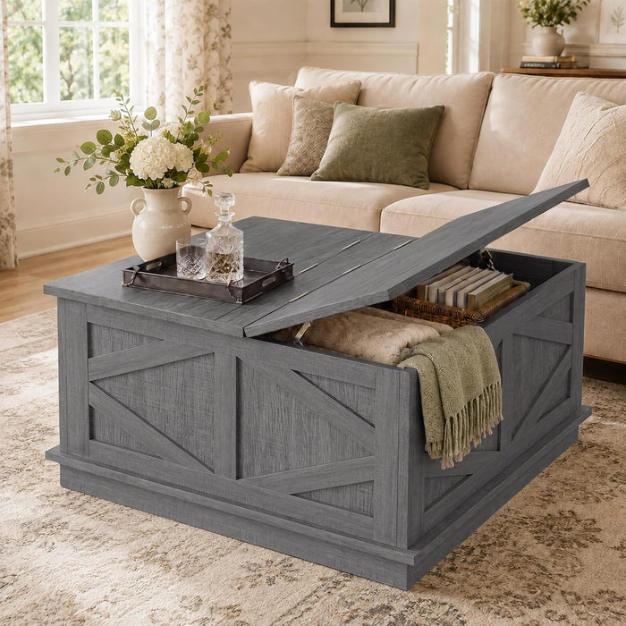 YESHOMY 31.5 Inch Square Farmhouse Coffee Table with Storage, Gray Wash