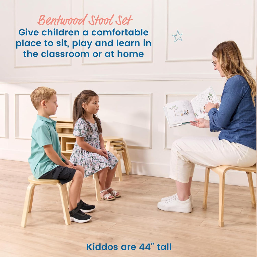 ECR4Kids Bentwood Stackable Stools, 12in Seat Height, Classroom Furniture, Natural, 6-Piece
