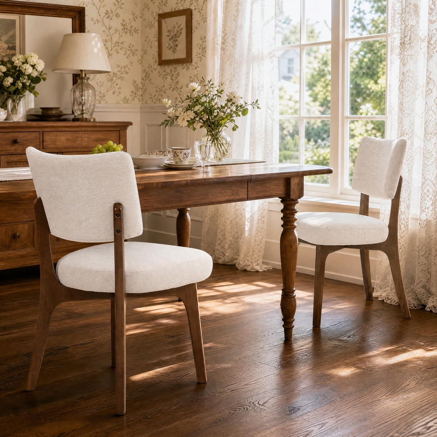 YOUNIKE Wooden Dining Chair, Chenille Fabric Upholstered Dining Room Chair Kitchen Side Chair, Farmhouse Dinner Chair with Solid Wood Legs for Kitchen Dining Vanity, Beige (Single Pack)