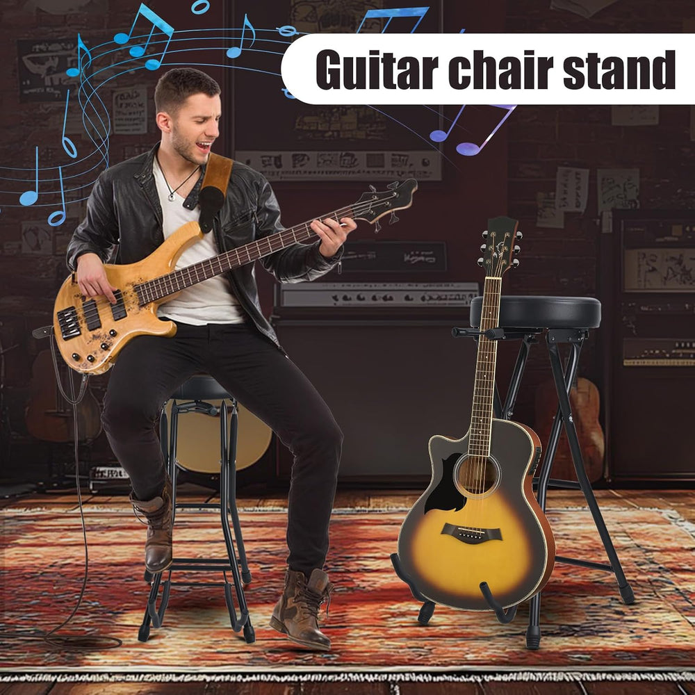 Guitar Stool, Foldable Padded Seat with Built-in Stand & Footrest, Retrac...