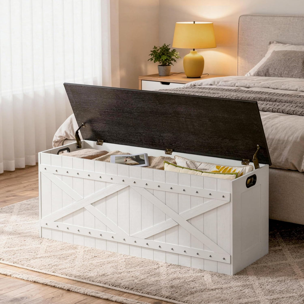 MAHANCRIS 47.2" Storage Chest, Extra Large Toy Box with 2 Safety Hinges, Wooden Toy Chest, Storage Bench with Rivets, Storage Trunk for Bedroom, Living Room, Entryway, White and Black SCBB18501