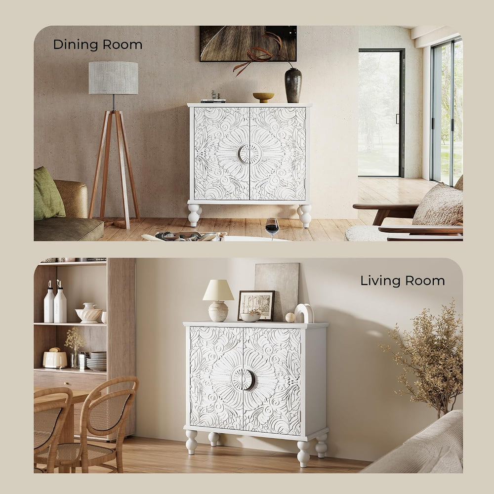 Solid Wood Buffet Cabinet, Accent Cabinet, 2 Carved Doors, White