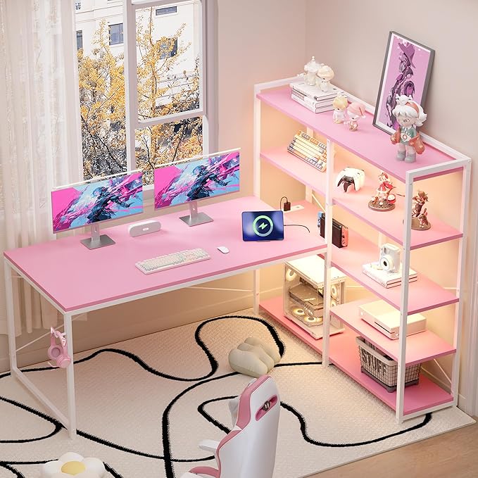 Pamray L Shaped Computer Desk with Reversible Side Storage Shelves, 49 Inch Gaming Desk with Power Outlets and Led Lights, PC Table for Home Office and Bedroom Pink