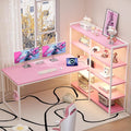 Pamray L Shaped Computer Desk with Reversible Side Storage Shelves, 49 Inch Gaming Desk with Power Outlets and Led Lights, PC Table for Home Office and Bedroom Pink